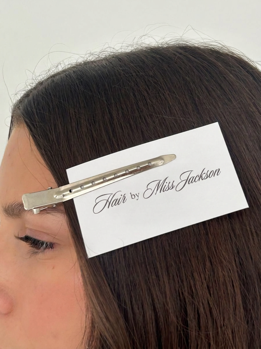 Hair by Miss Jackson business card tucked into a sectioning clip